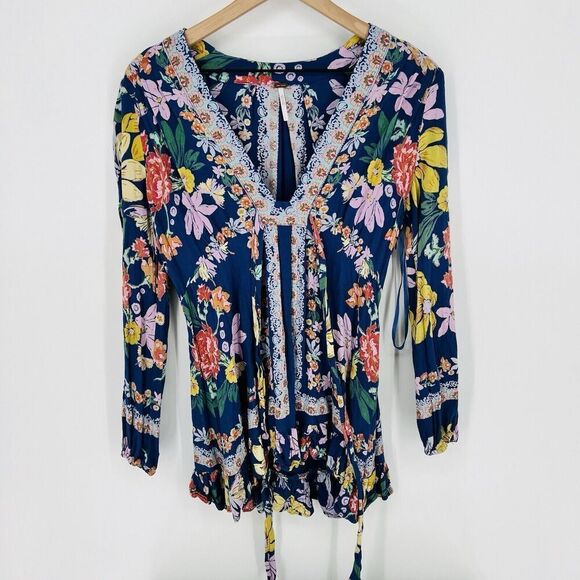 Free People Violet Hill Printed Tunic Dress Size 4 Front Tie Rayon - Picture 1 of 4